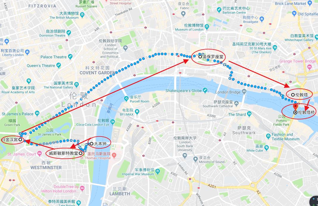 印象伦敦游玩线路图(来源于谷歌地图