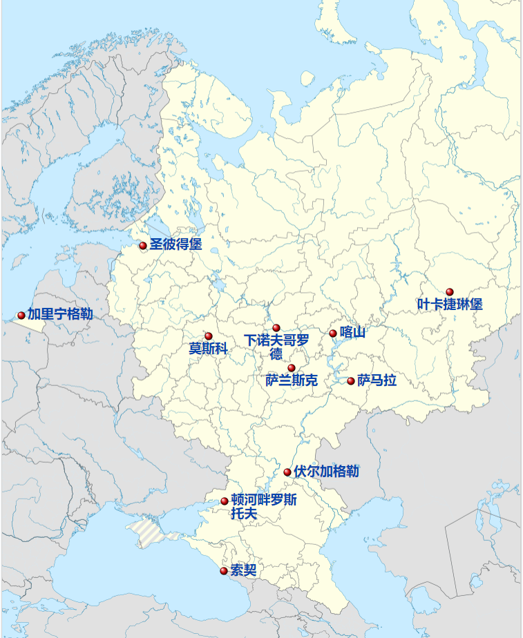 这次世界杯在莫斯科,圣彼得堡,喀山,索契,叶卡捷琳堡,下诺夫哥罗德